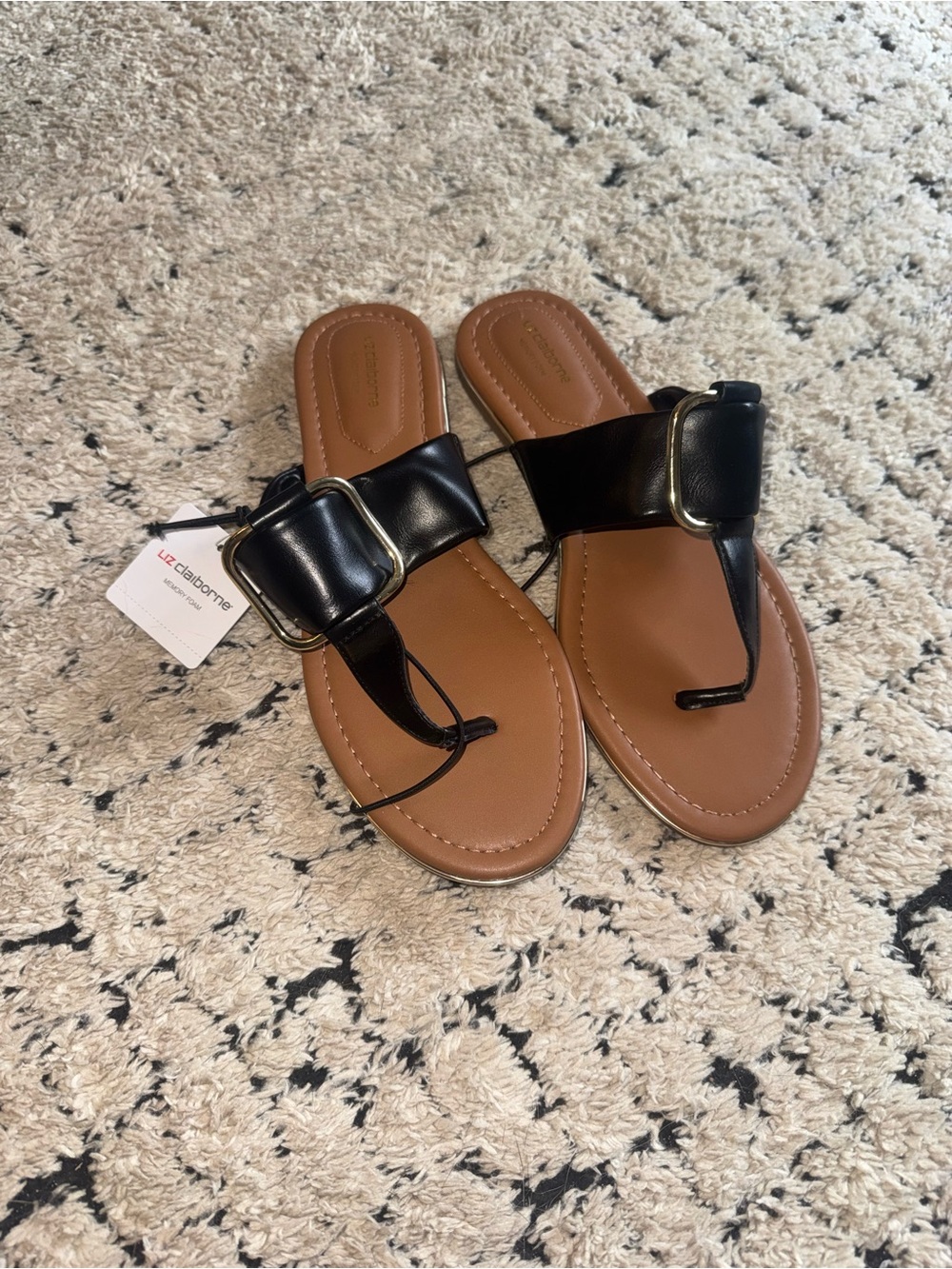 Liz Claiborne Black Leather Thong Sandals with Gold Buckle